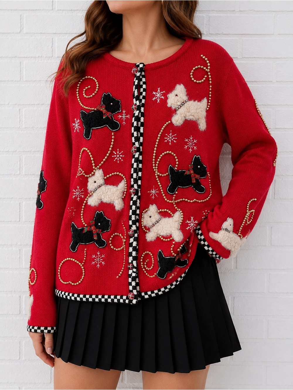 Vintage KIKIT Scottie Dog Christmas Cardigan Sweater Red Medium Beaded Appliqué